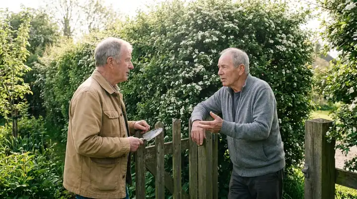 Two men in their late sixties talking across a low garden gate beside a hawthorn hedge in white flower