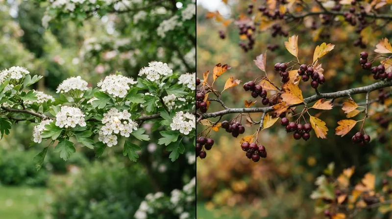 A split image: a hawthorn branch in white spring flower on the left and the same kind of branch with red autumn berries on the right