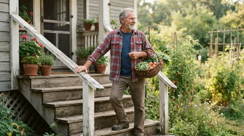 An older man pausing on back porch steps with a basket of beans and tomatoes, looking out at the garden