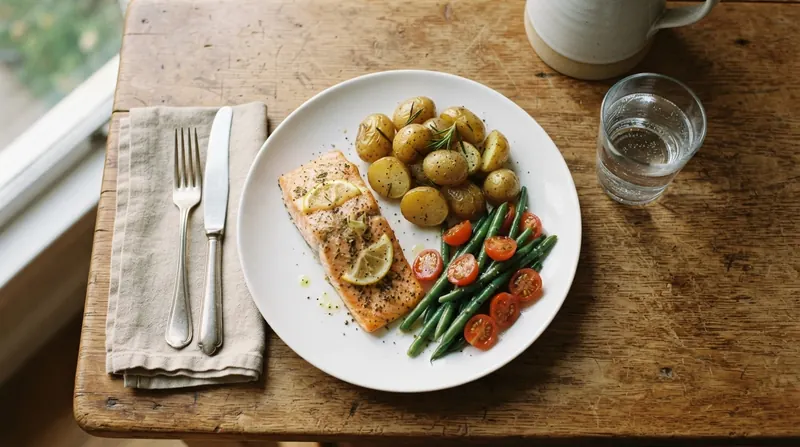 A home-cooked supper of baked salmon, roasted potatoes, green beans and tomatoes with a glass of water