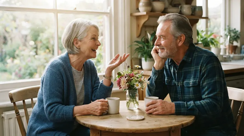 A married couple in their late sixties talking at a kitchen table with two mugs in the afternoon
