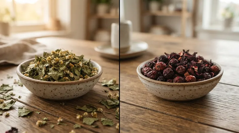 A split image: a bowl of dried hawthorn leaves and flowers on the left and a bowl of dried hawthorn berries and hibiscus on the right