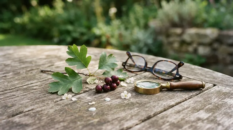 A hawthorn twig with green leaves and red berries on a garden table beside reading glasses and a magnifying glass