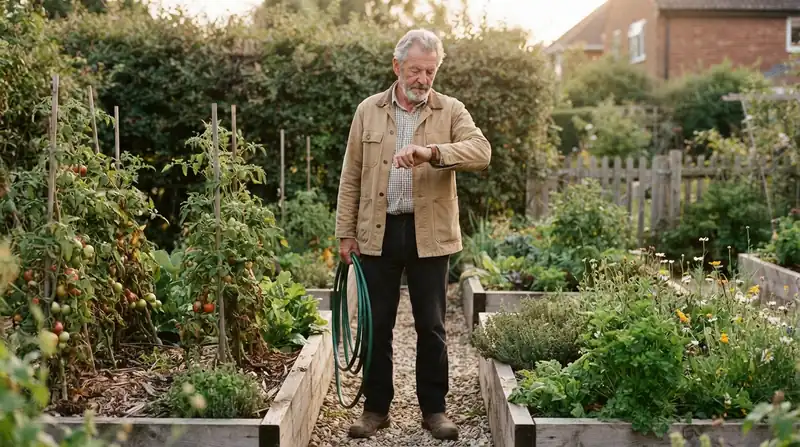 An older man among raised vegetable beds glancing at his wristwatch, a garden hose in his other hand