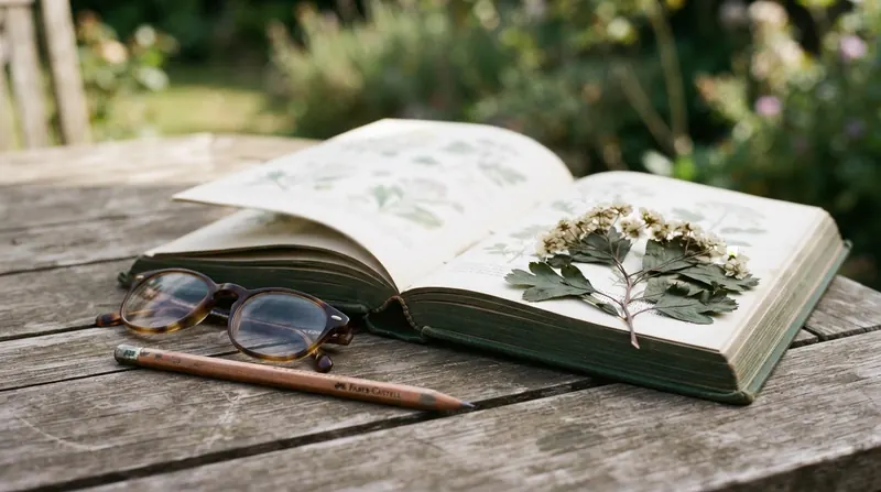 An open botanical field guide on a garden table with reading glasses and a pressed hawthorn sprig