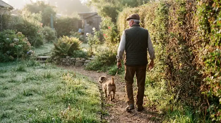 An older man and his dog walking along a gravel garden path beside a hawthorn hedge in early morning light