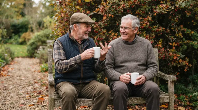 Two older men on a garden bench with mugs, one counting a point on his fingers while the other listens