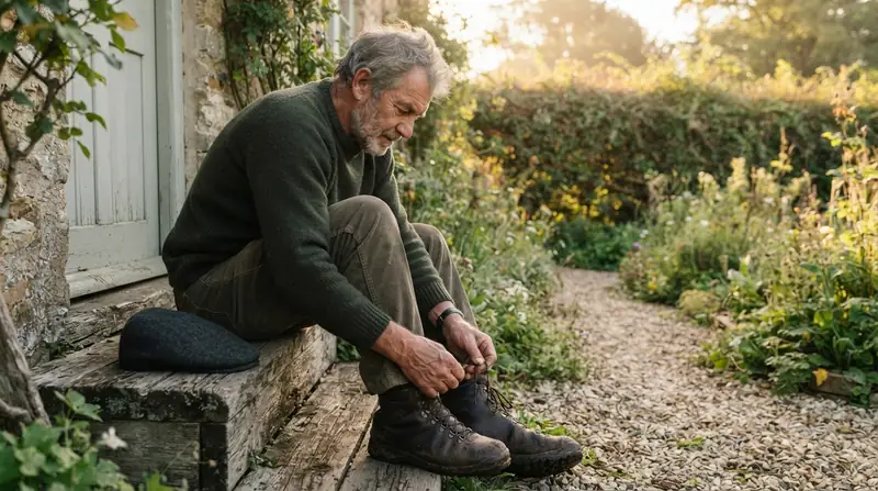 An older man sitting on a back step lacing his walking boots, a garden path beyond