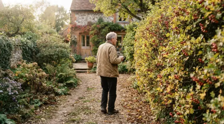 An older man walking back toward his house along a garden path beside a hawthorn hedge with red autumn berries, a mug in his hand