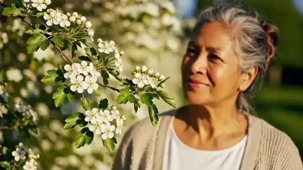 A hawthorn branch covered in small white blossoms moving slightly in a spring breeze