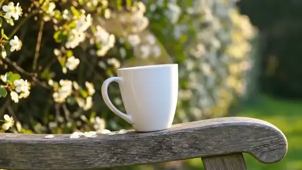Steam rising from a plain white mug on the arm of a garden bench with a hawthorn hedge behind