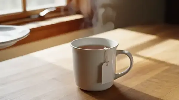 A weathered hand setting a small bread plate on top of a steaming mug of tea with a tea bag string over the rim