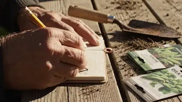 A hand writing a short line with a pencil in a small garden notebook on a potting bench