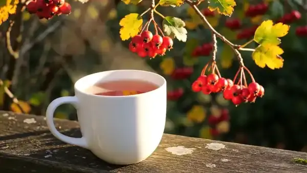 A mug of reddish-amber tea on a garden bench with a hawthorn branch of red berries swaying behind it