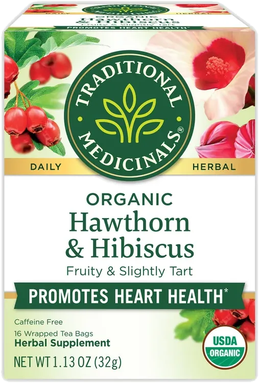 The box of Traditional Medicinals Organic Hawthorn and Hibiscus Tea, as photographed by the maker